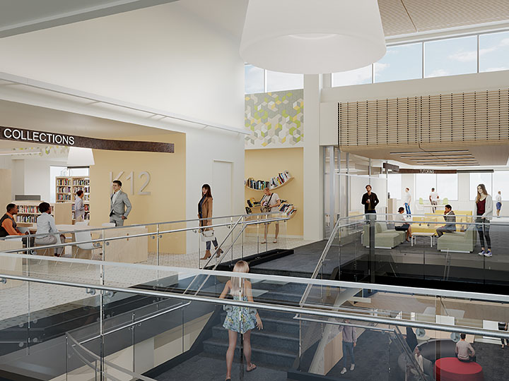 Rendering of interior library spaces.