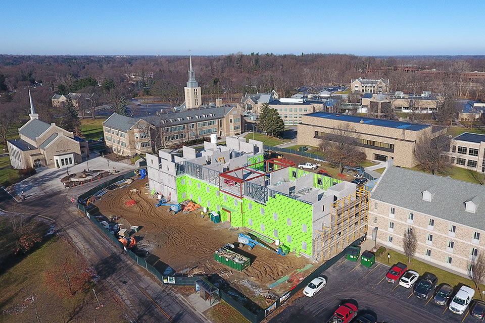 Aerial view of Upper Quad Residence Hall construction activities.