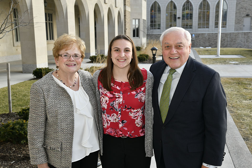 Martin F. Palumbos RABEF Scholarship benefactors Martin F. '69 and Maureen Palumbos with the most recent scholarship recipient Kelly Vanderwall '19.